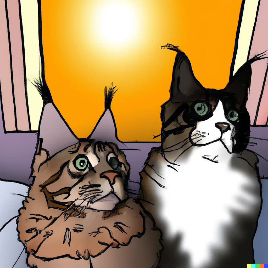 Prompt: A cartoon white and tabby Maine Coon cat cuddles up to his tabby colored Maine Coon cat brother and watches the sunrise from the comfort of their living room