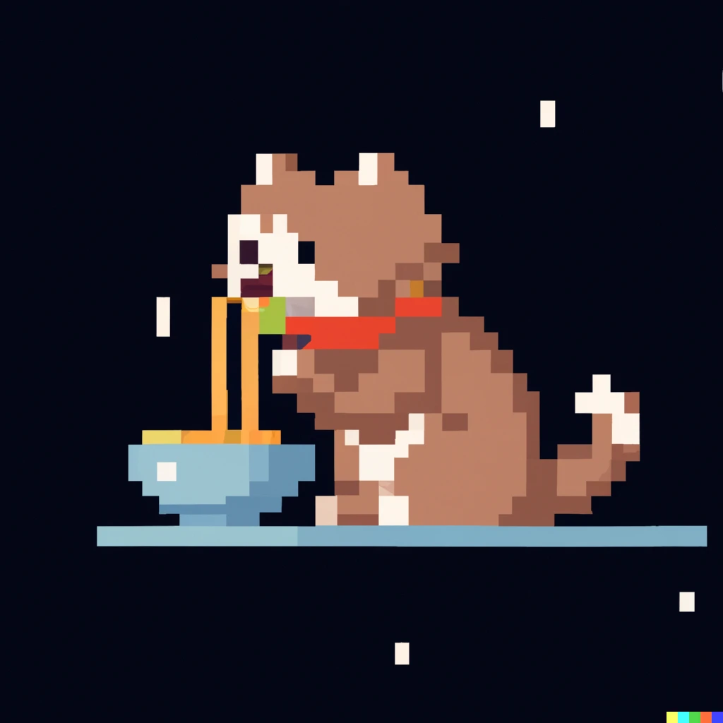 Prompt: Pixel art of a brown cat eating pasta in space
