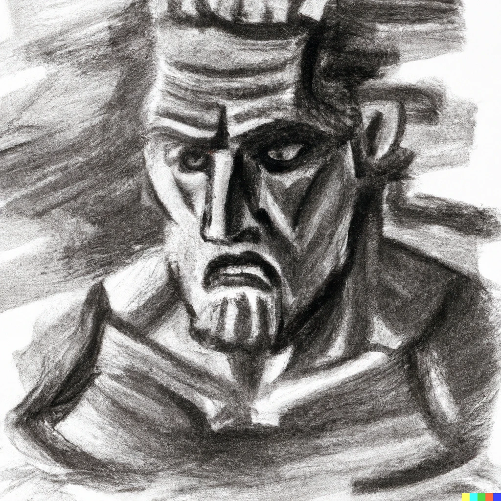 Prompt: A charcoal drawing of a tormented and broken-hearted god-emperor 