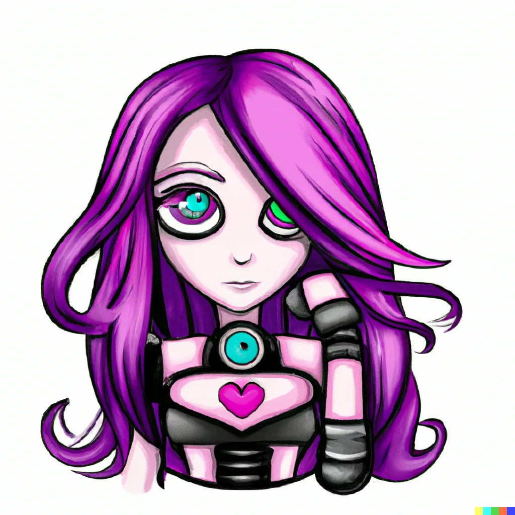Prompt: Robot girlfriend with long purple hair