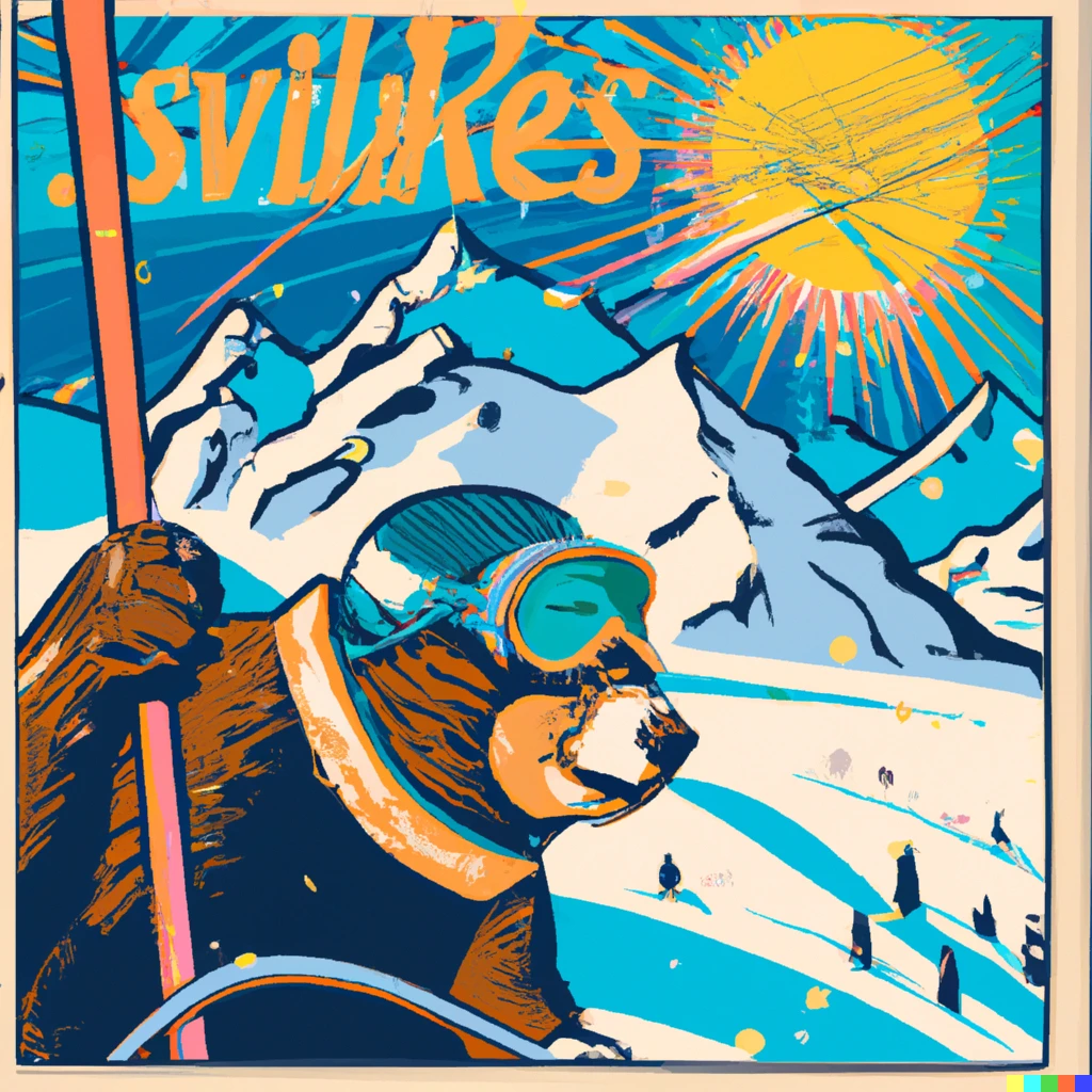 Prompt: a grizzly bear skiing on a powder day in the sierra nevada mountains under a bluebird sky and bright sun in the style of vintage ski posters