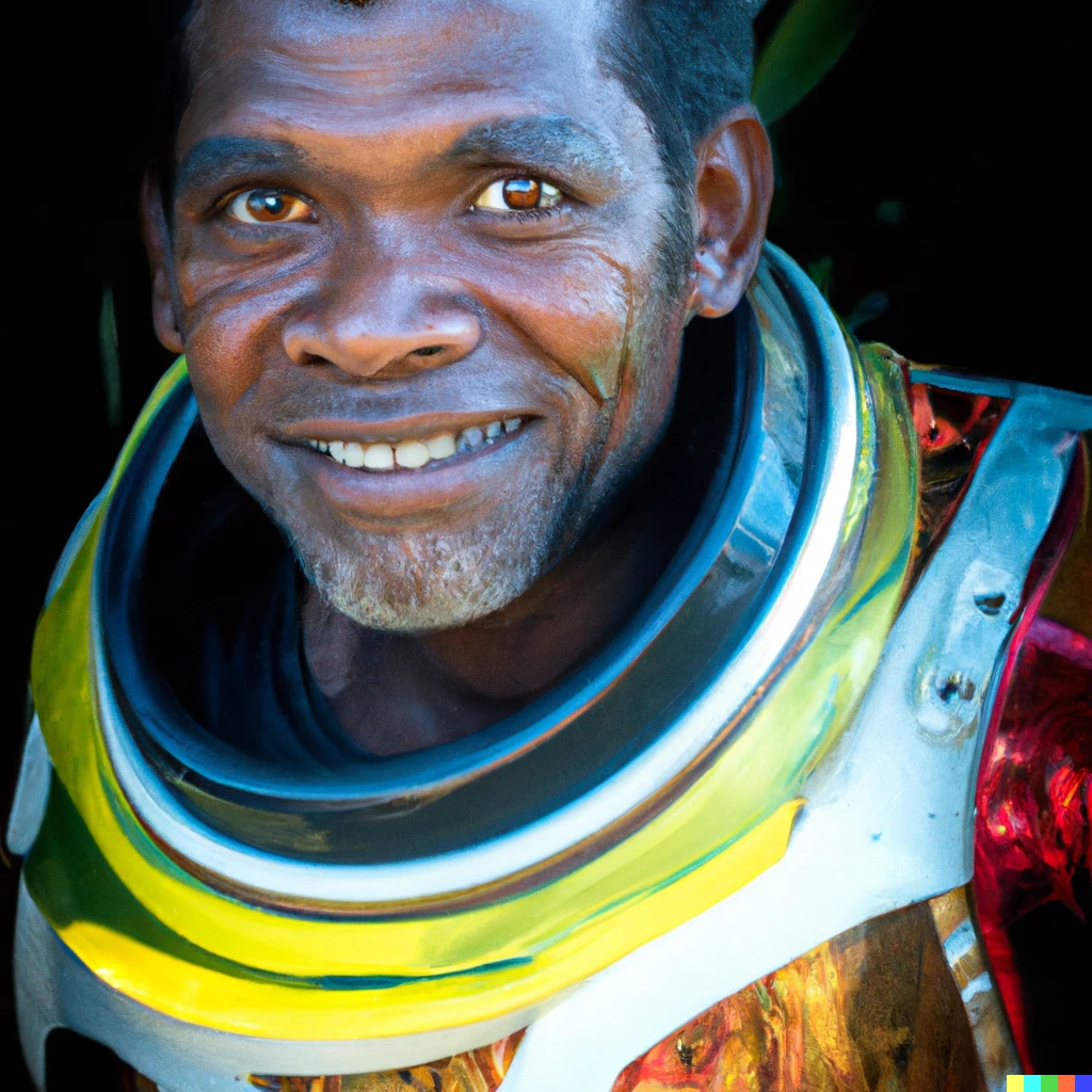 Prompt: A head and shoulders photo of an optimistic older Papua New Guinean man in a sleek spacesuit, with design and colour inspired by traditional PNG tribal costumes, 50mm lens, f/2.5
