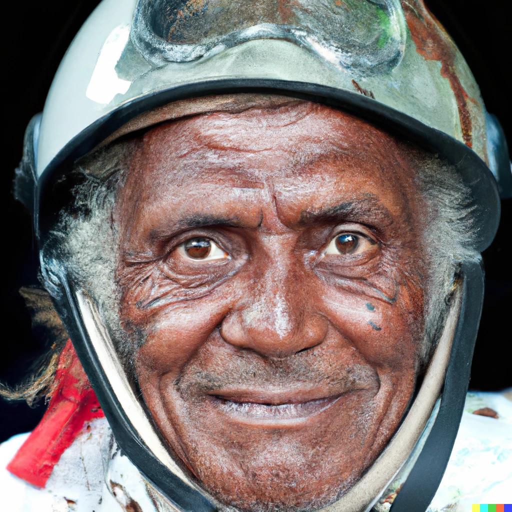 Prompt: Head and shoulders photo of an older Papua New Guinean man in a space suit, wearing a traditional headdress instead of a helmet