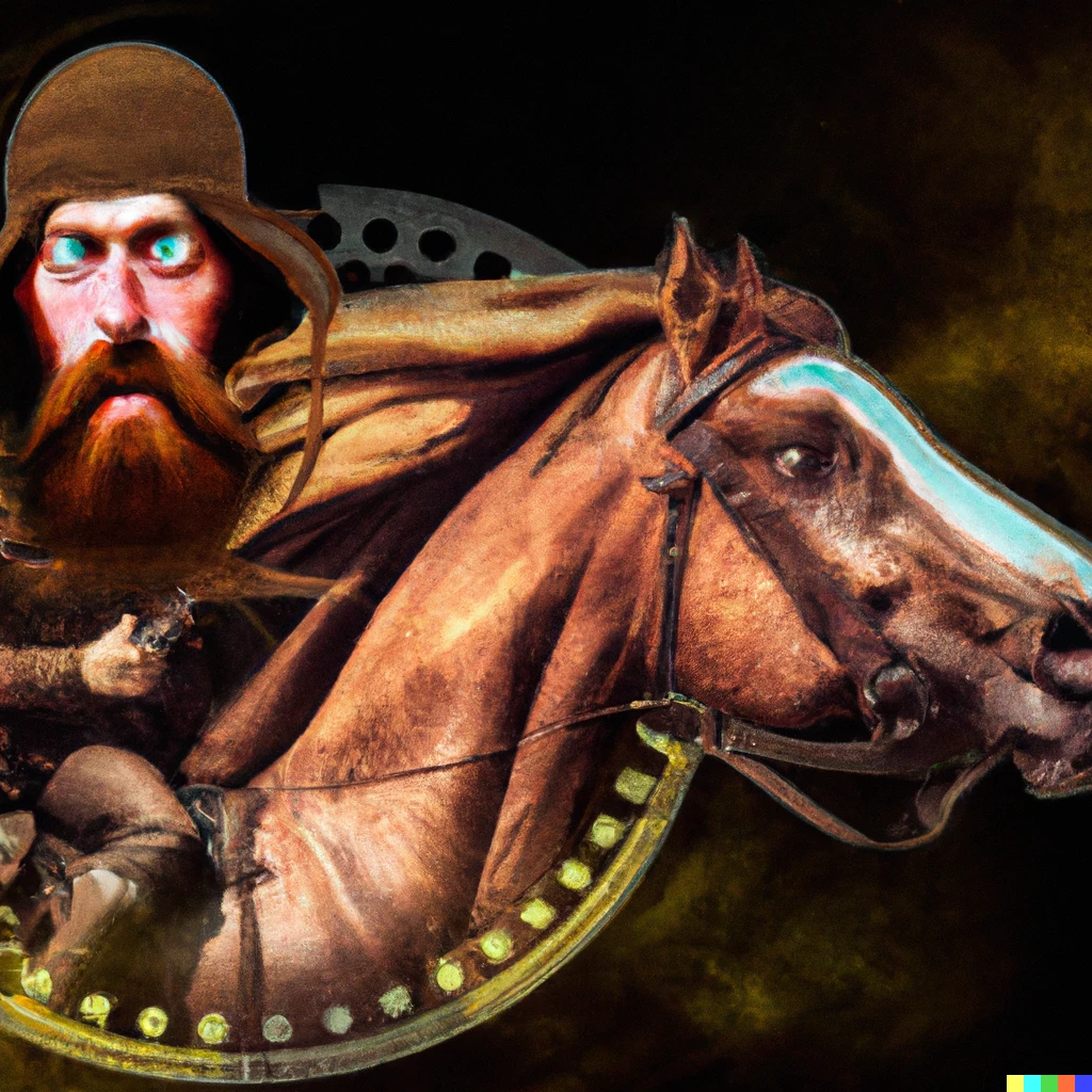 Prompt: Leonardo da Vinci portrait with laser eyes riding a steampunk horse