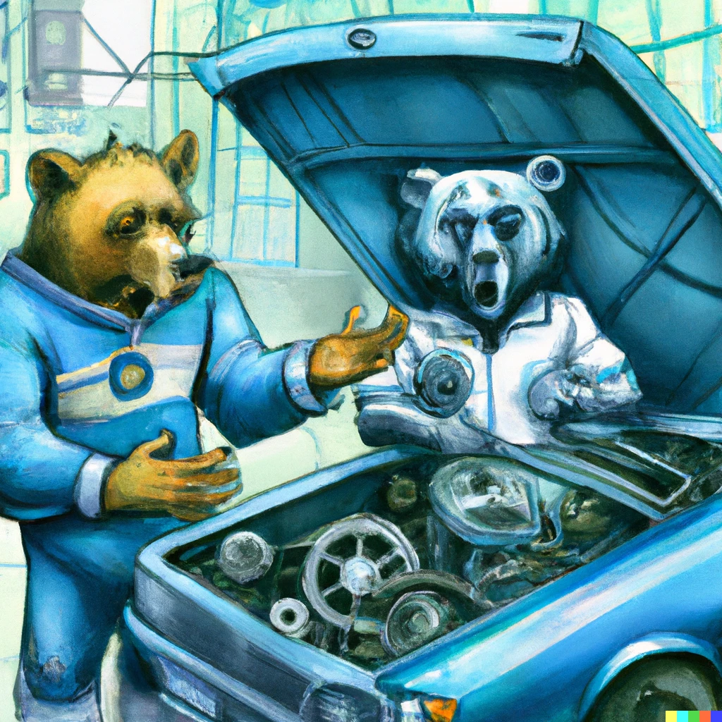 Prompt: An artwork of an engineer bear fixing a blue car while he is speaking about football with his apprentice, futuristic