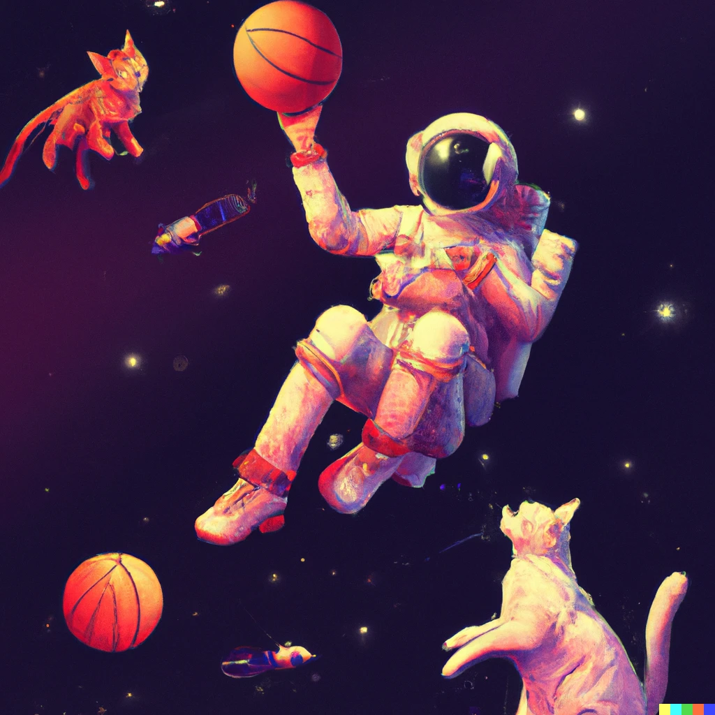 Prompt: an astronaut playing basketball with cats in space, digital art