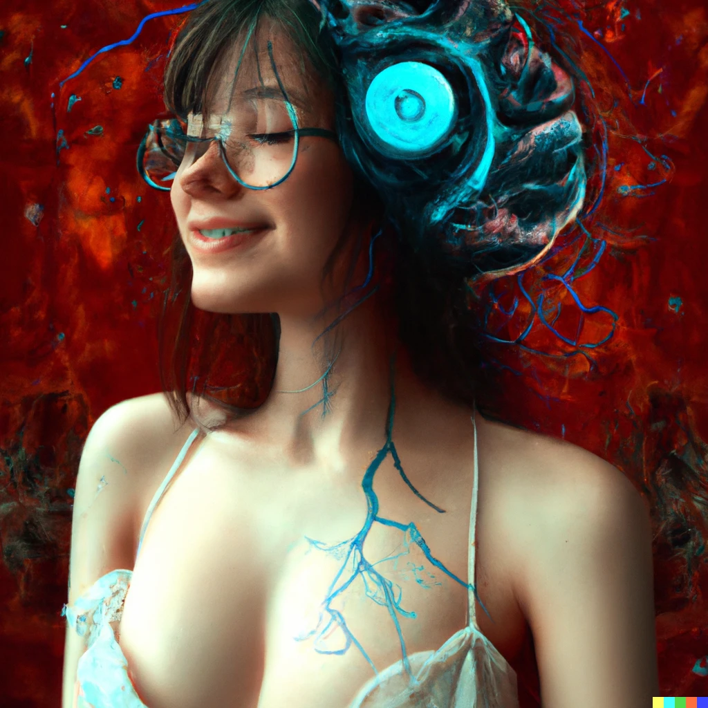 Prompt: A beautiful girl like a nymph, wearing glasses and a white off-shoulder top, has an ecstatic expression on her face as a machine is connected to her brain in a narrow room with dark red walls.  digital art