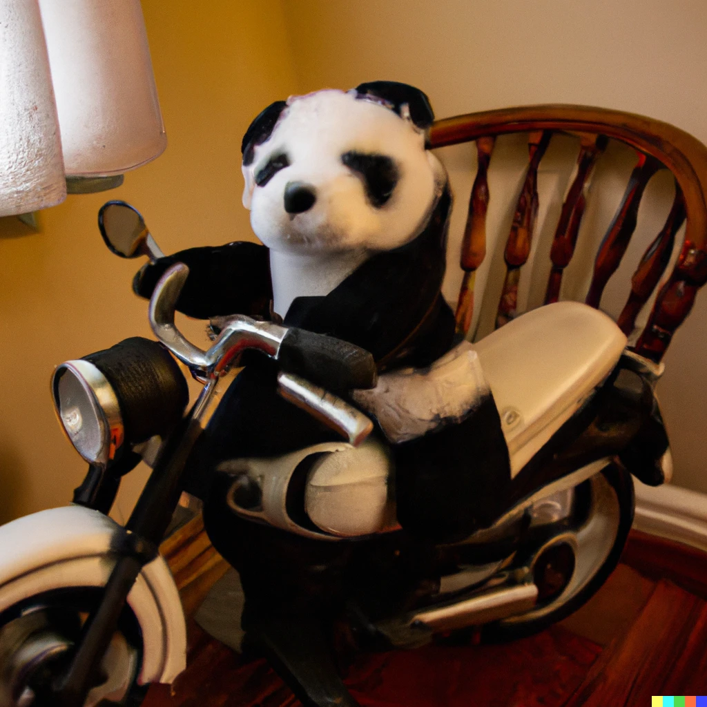 Prompt: A stuffed animal panda driving a motorcycle inside a house