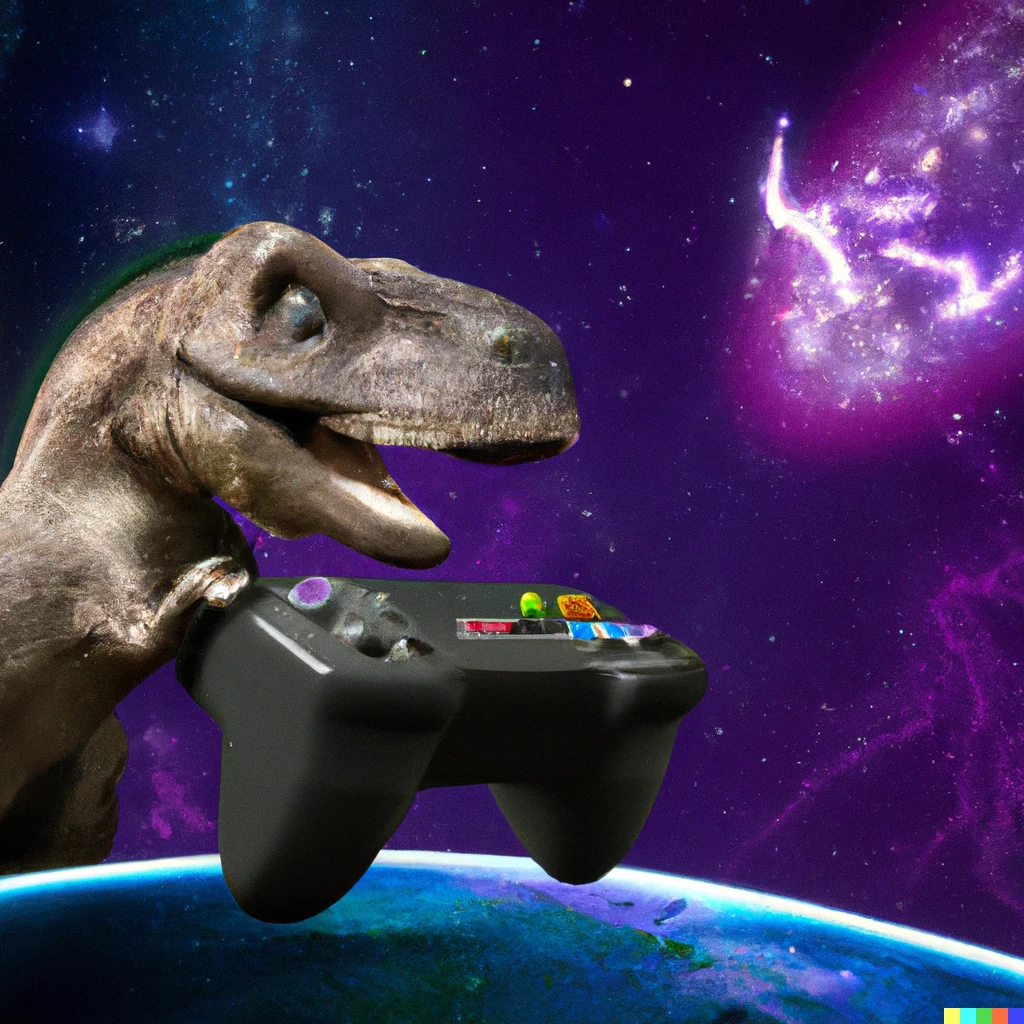 Prompt: dinosaur rex playing with a game console in space high quality