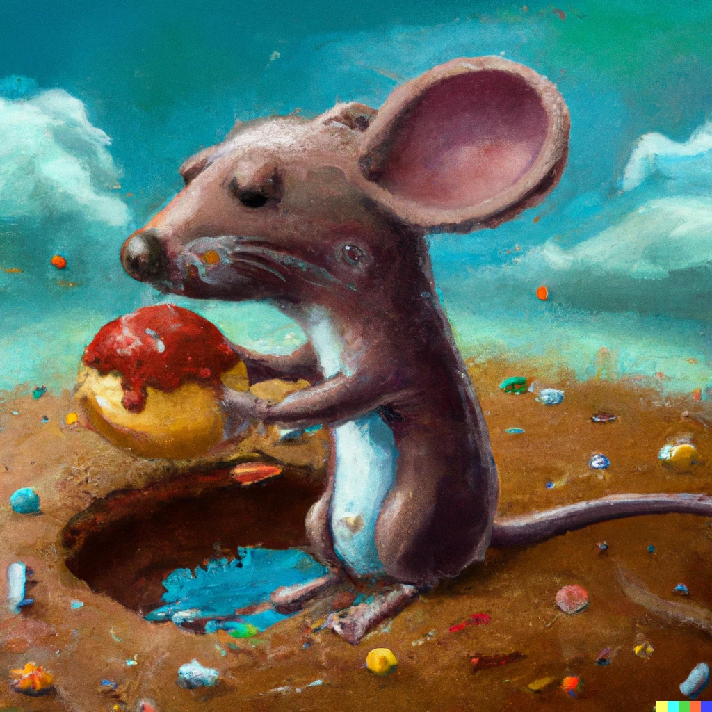 Prompt: a small mouse eats the last donut on earth, digital art