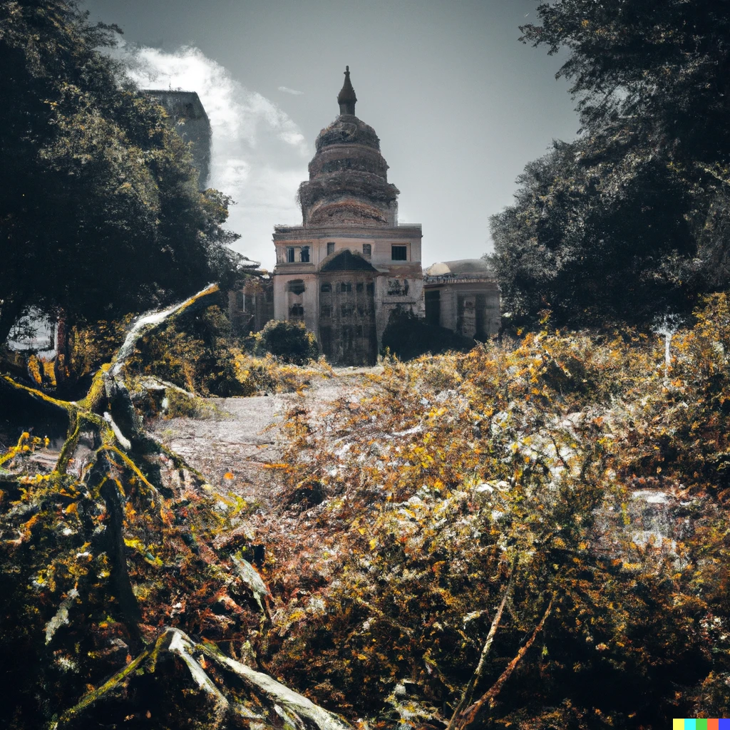 Prompt: A wide-angle photograph of the Texas Capitol building in a post-apocalyptic Austin Texas. Nature has begun to reclaim the city, and there are no humans to be seen anywhere.