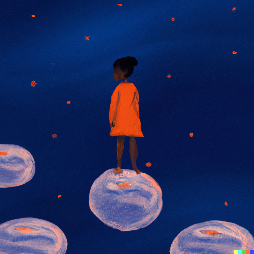 Prompt: a young girl standing on the surface of uranus looking up at the night sky, multiple moons of uranus are visible, painterly style, children's book