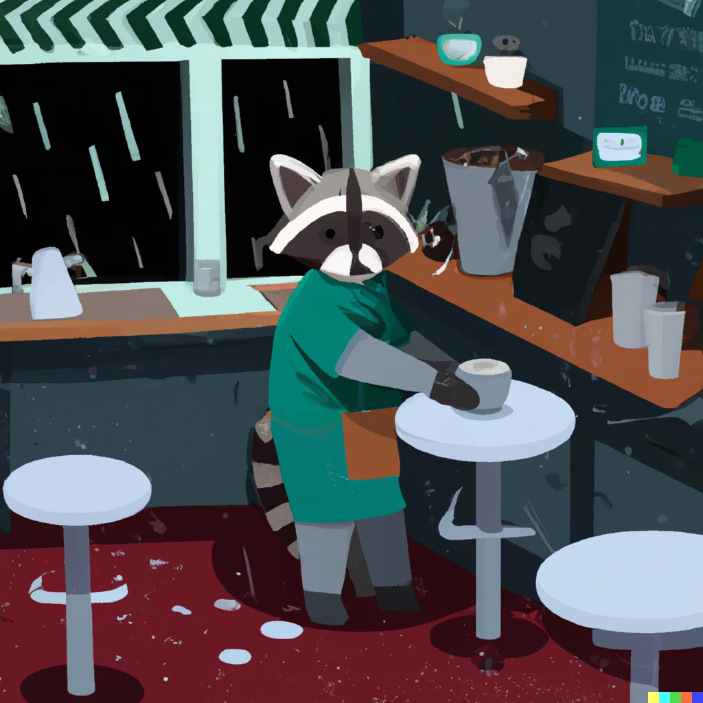 Prompt: a raccoon barista making a latte in an empty coffee shop on a rainy day