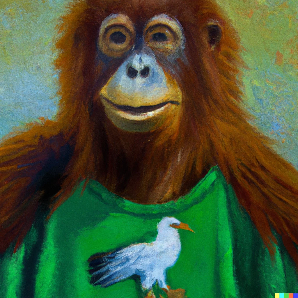 Prompt: An oil painting of an orangutan wearing a Philadelphia eagles jersey