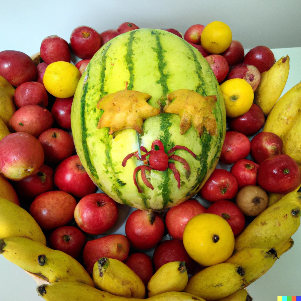 Prompt:  apple and banana and pineapple and watermelon and melon and crab in basket that looks like apple