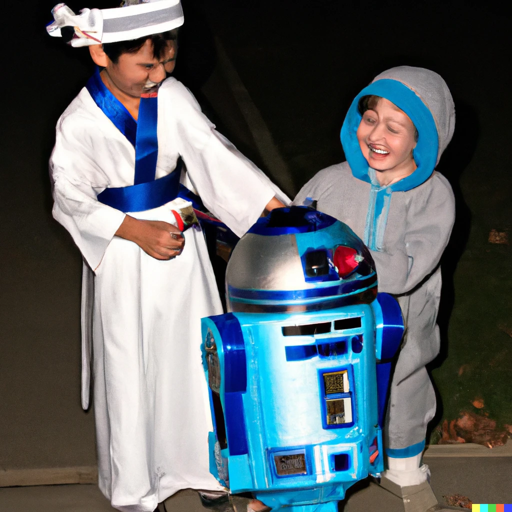 Prompt: R2-D2 trick-or-treating at night with his friend, Trent. 