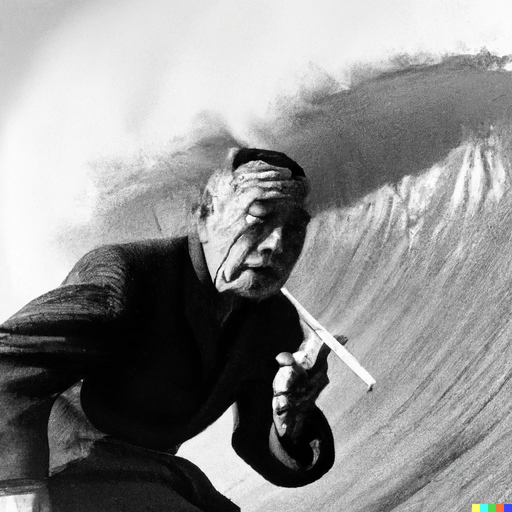 Prompt: Old wrinkly intricate Japanese man smoking a cigarette while surfing a big wave black and white, 1960s