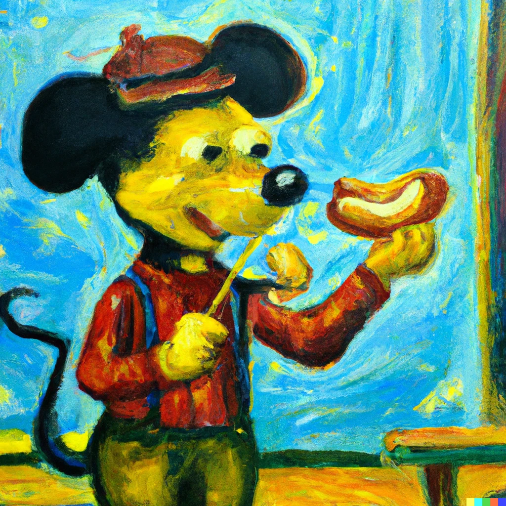 Prompt: Van Gogh painting of Mickey Mouse eating a hot dog.