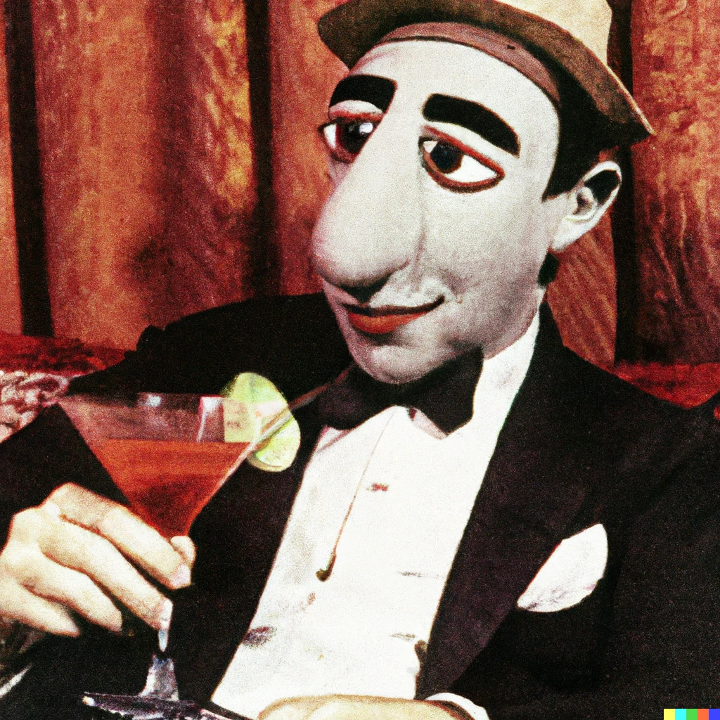 Prompt: Humphrey Bogart mixed with Elmo drinking a martini, vintage photo.