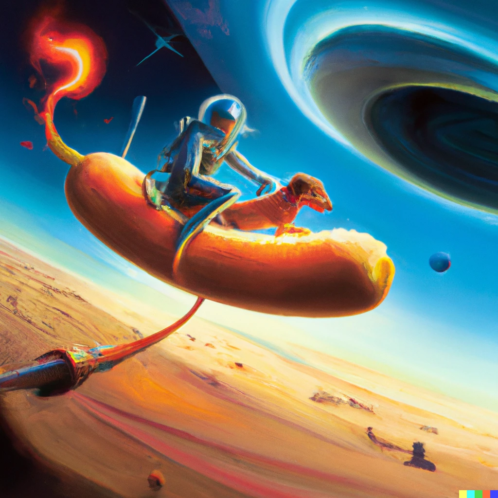 Prompt: Space cowboy riding a Chicago style hotdog passed Mars, Digital art