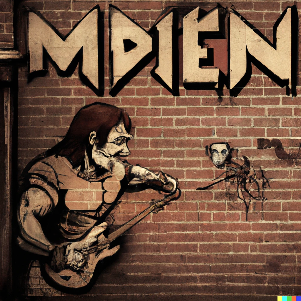 Prompt: Iron Maiden album cover with Eddie drawing a banksy on a wall