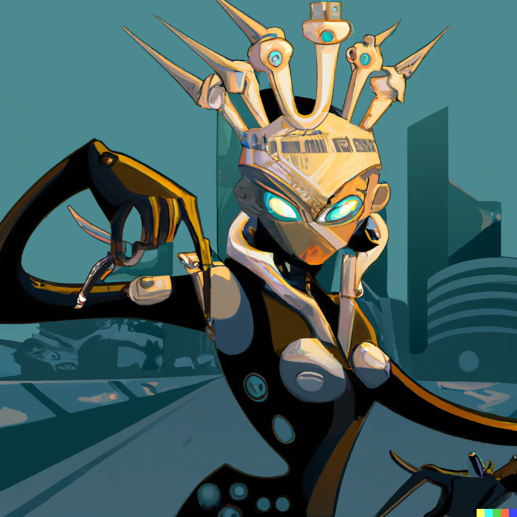 Prompt: a female robot renegade wearing a squid mask and a crown, on the run in a dystopian metropolis from the thought police 