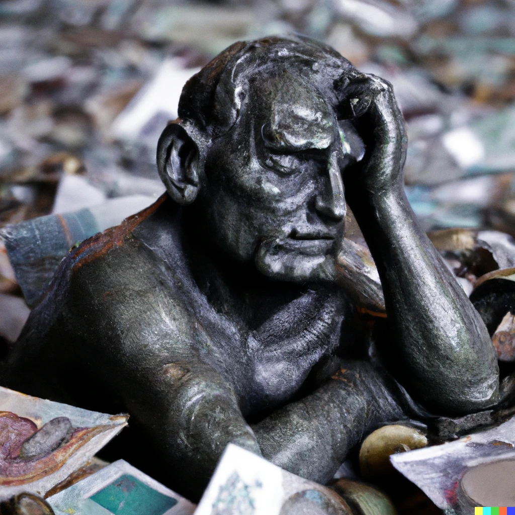 Prompt: a realistic bronze statue of a dejected trader in the style of Rodin, floating in a sea of disintegrating money