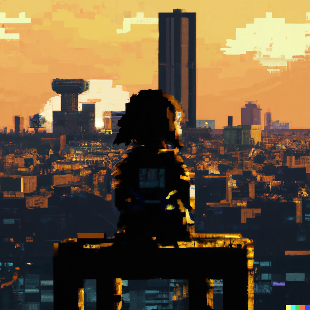 Prompt: Kid watching the sunset of a post-apocalyptique city sitting on the top of a tower; made by pixel art