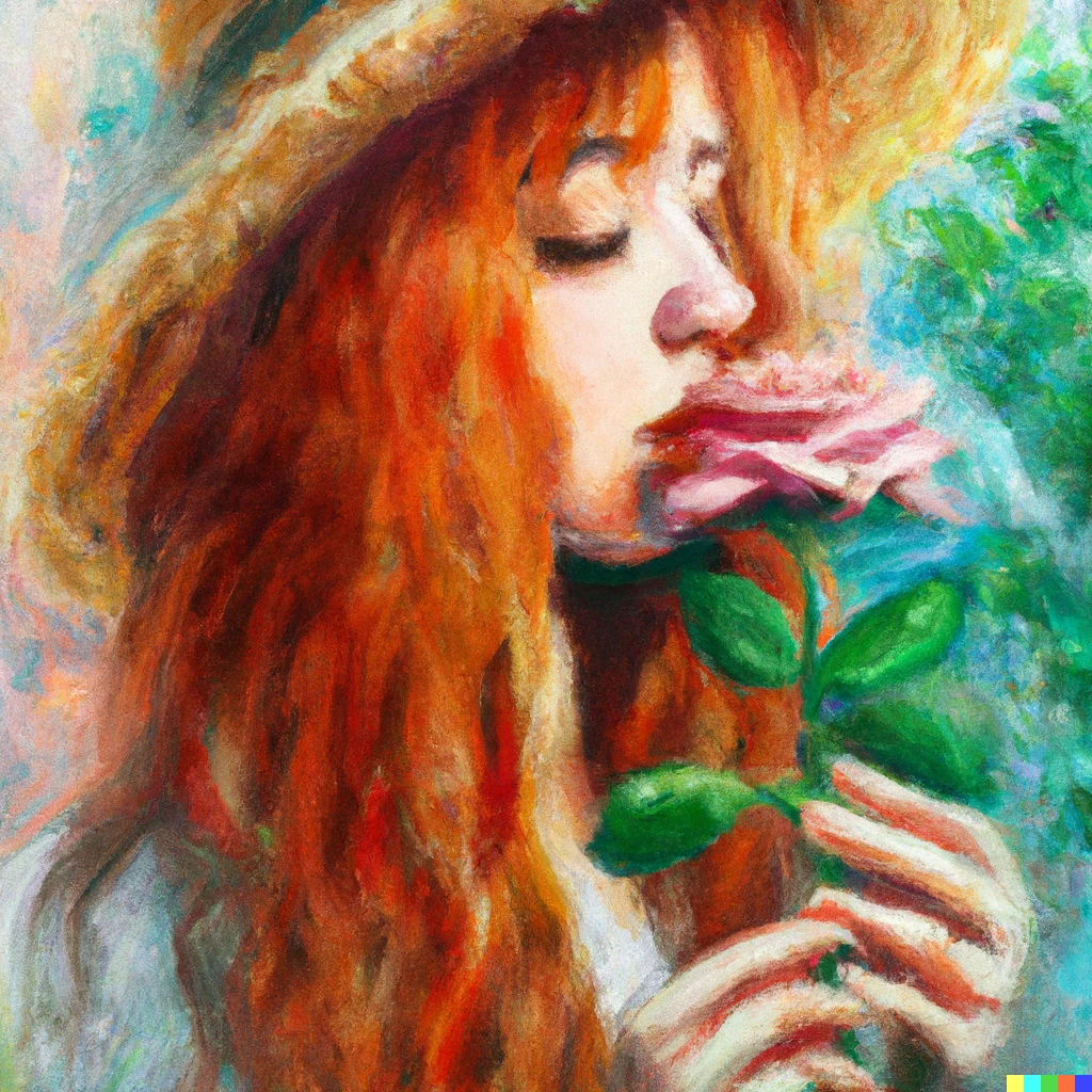 Prompt: A girl with red long hair and a straw hat smelling a rose in the style of Claude monet