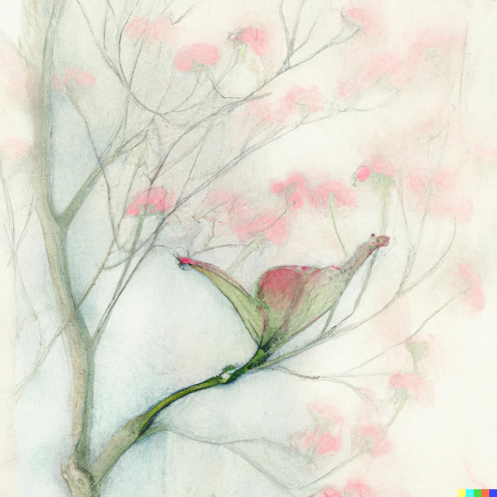 Prompt: Ink and pencil drawing of a flowering dogwood tree in mist on paper with a colorful watercolor wash