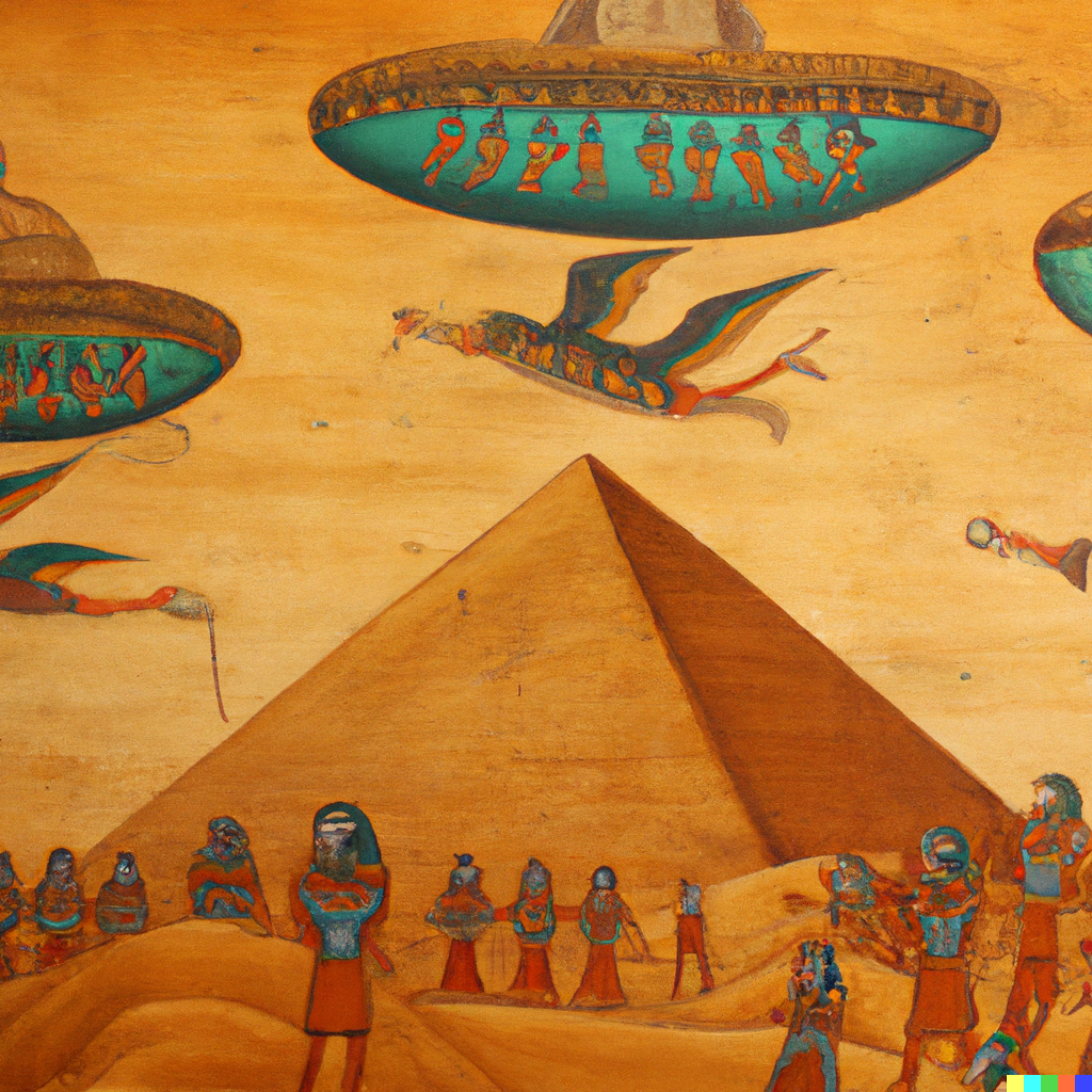 Warren × DALL·E ancient Egyptian artwork showing aliens landing their