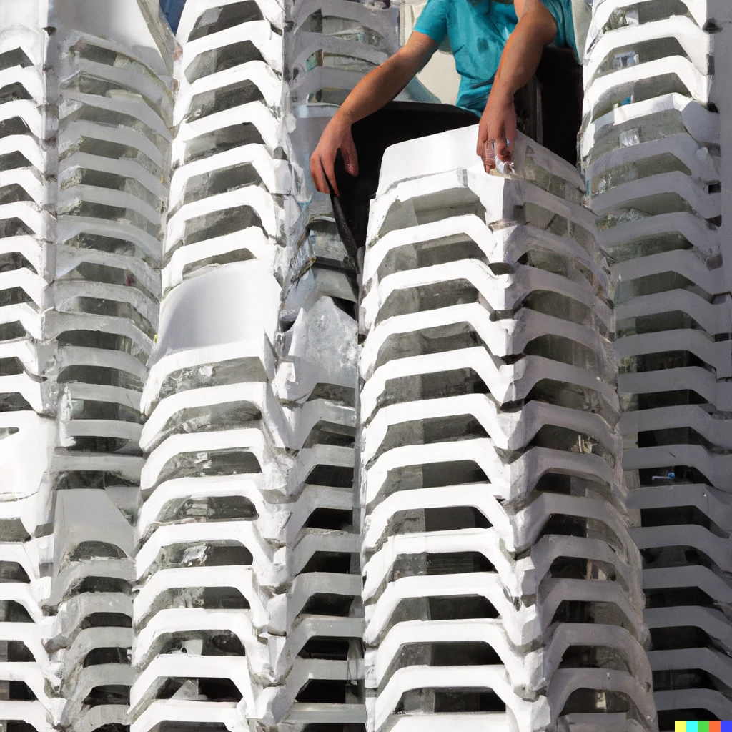 Prompt: A man sitting on a tower of stacked white plastic chairs