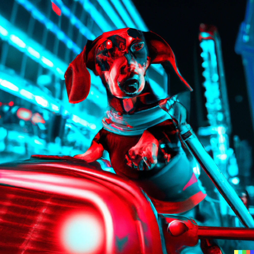 Prompt: Dachshund drives Harley in next century Tokyo,cyberpunk 