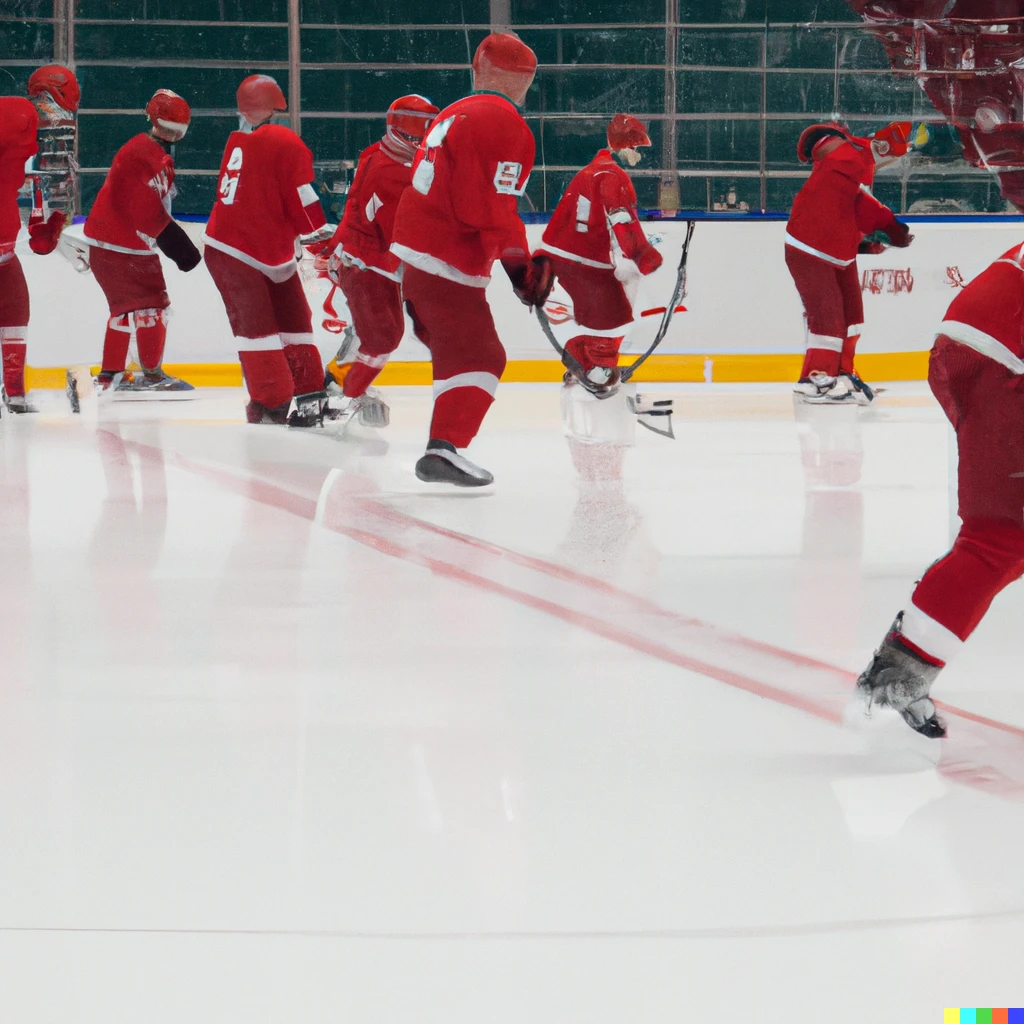Prompt: Detroit Red Wings roster lines at practice