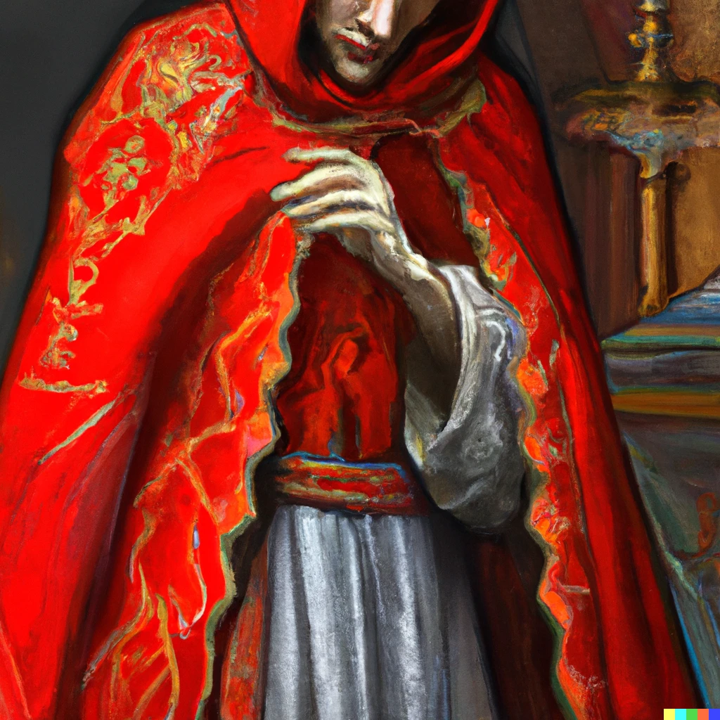Prompt: Vizier in red robes hiding fire in his sleeves, Alphonse Mucha, Hyperrealism, Photorealism, Medieval Period, Tilt-shift, High Detail, High Definition