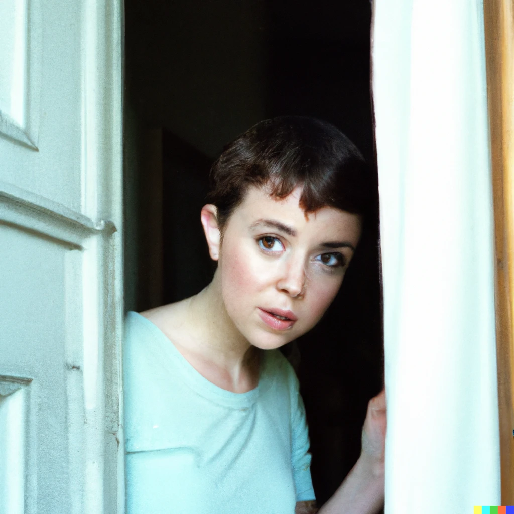 Prompt: Beautiful woman with short hair peeks behind her slightly open front door. She looks lost in her thoughts, confused and her mouth is slightly agape. Portrait, cinestill 800.