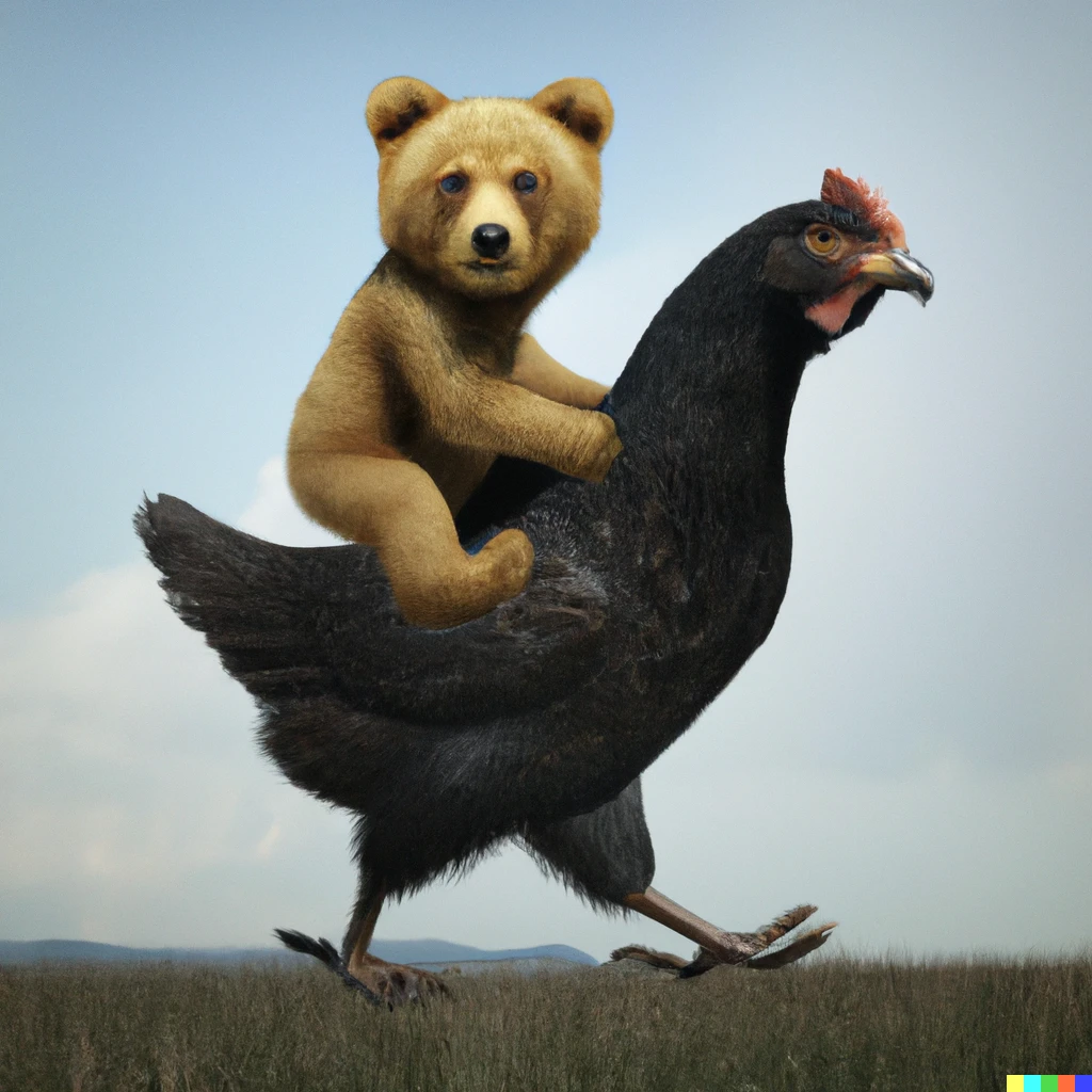 Prompt: Bear riding on chicken, realistic photo