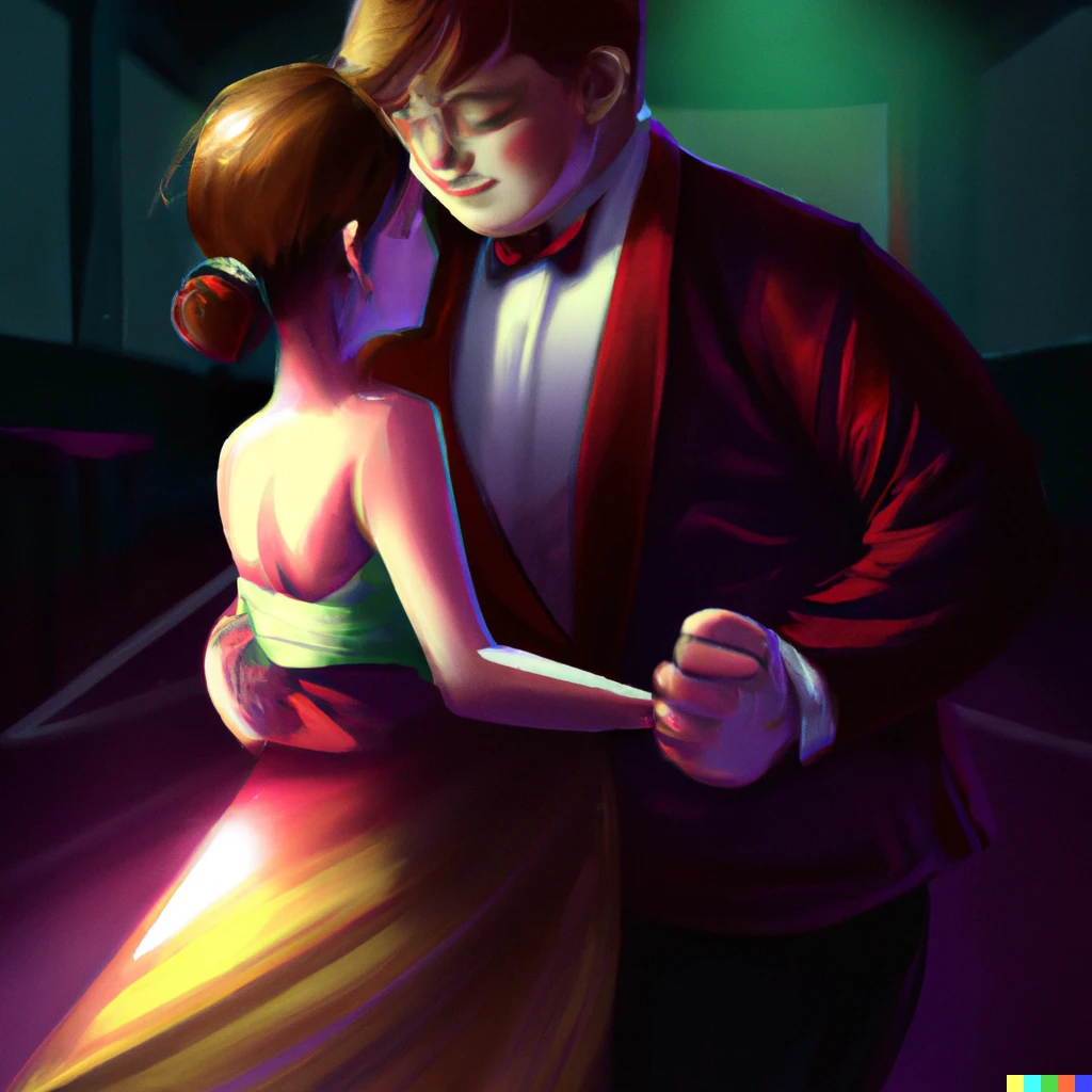 Prompt: A chubby boy and beautiful girl slow dancing during prom night, cinematic lighting, digital art