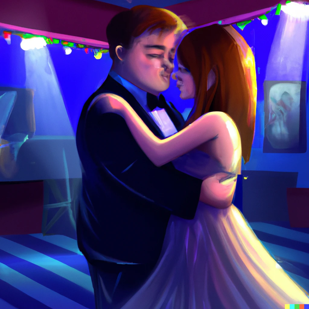 Prompt: A chubby boy and beautiful girl slow dancing during prom night, cinematic lighting, digital art