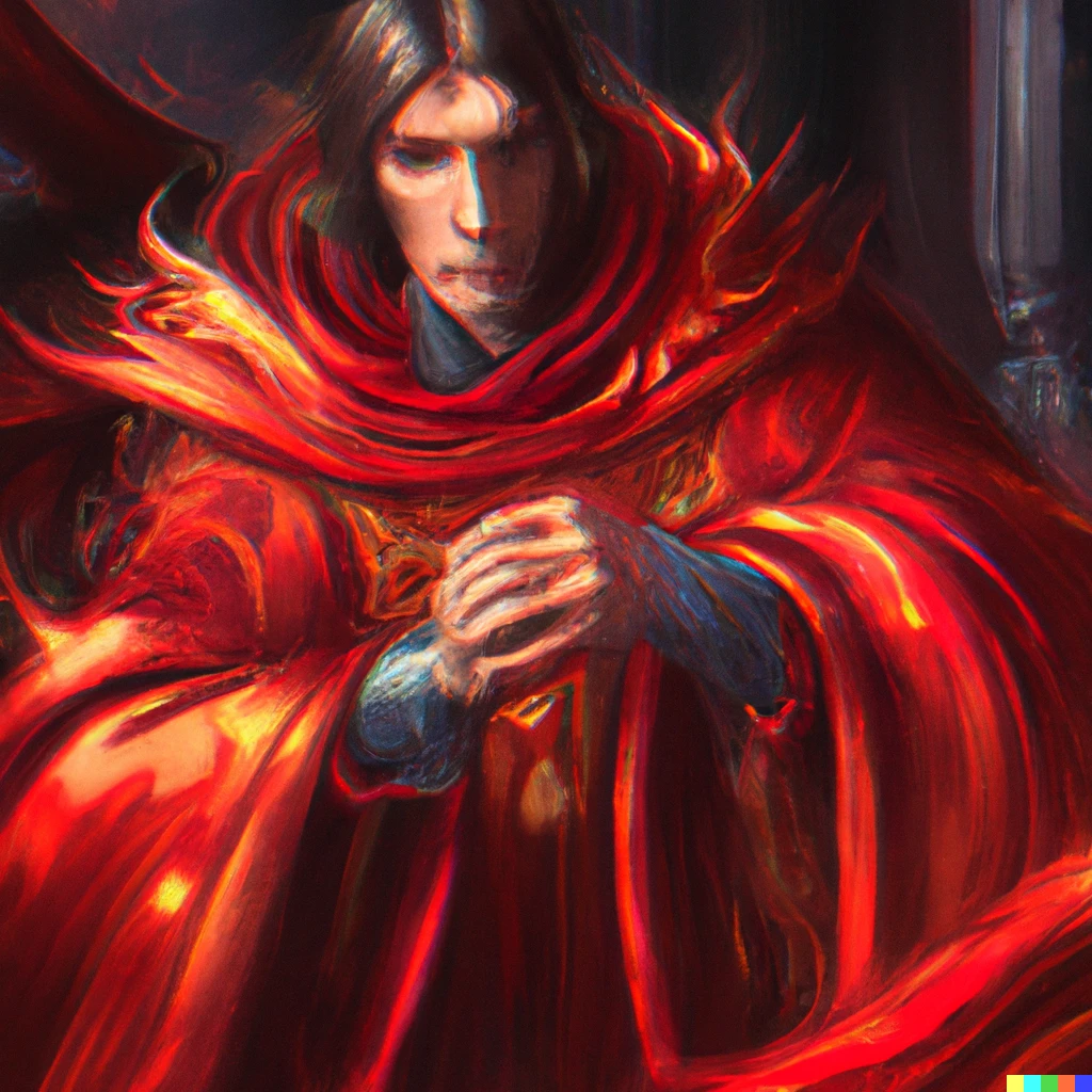 Prompt: Vizier in red robes hiding fire in his sleeves, Alphonse Mucha, Hyperrealism, Photorealism, Medieval Period, Tilt-shift, High Detail, High Definition