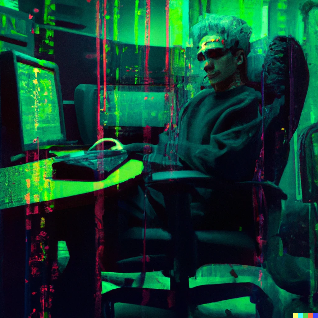 Prompt: digital art of melancholic greyhaired man with glasses sitting on a chair coding in a cyberpunk server room with cables all around and a dark monitor with green glowing letters