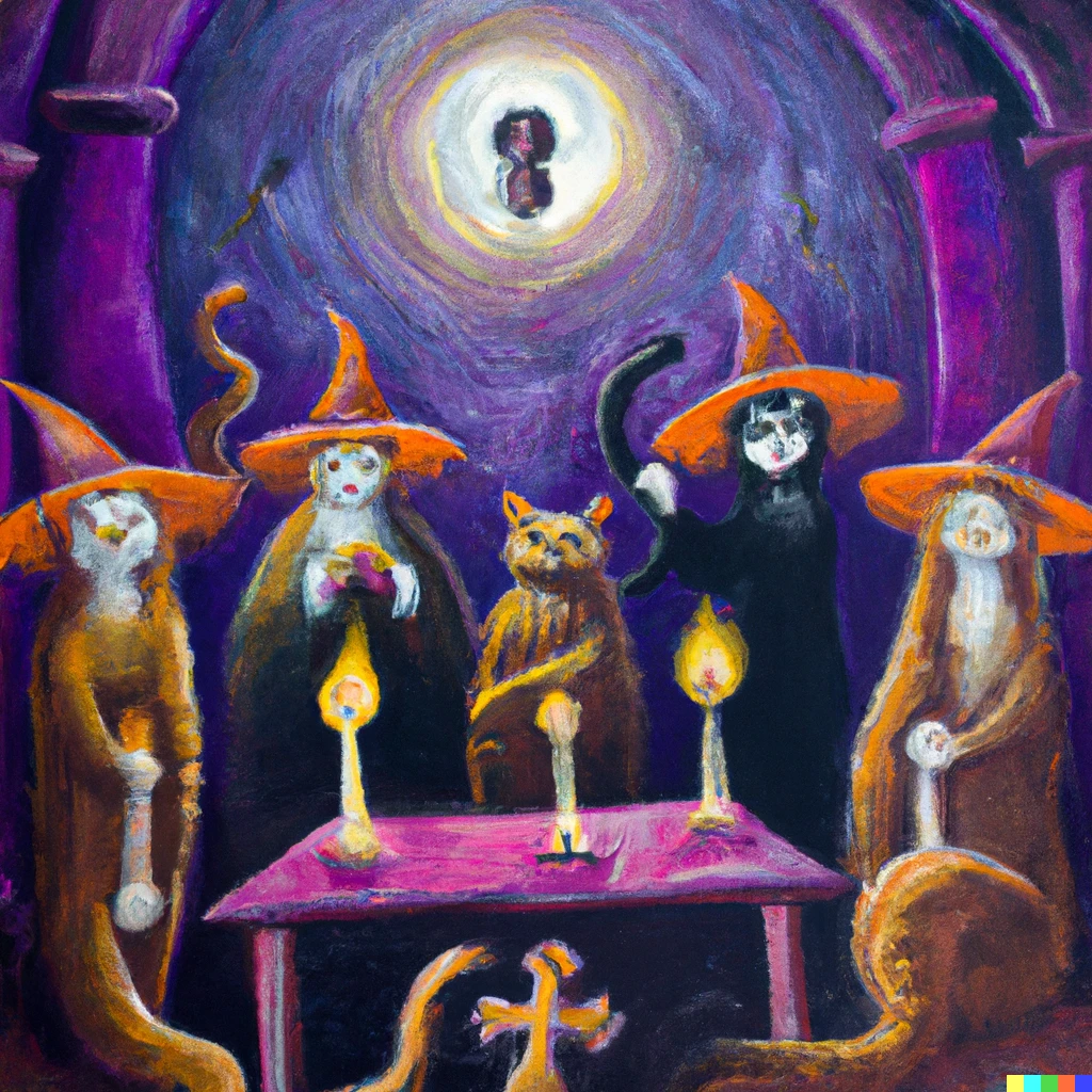 Prompt: an oil painting of an occult scene with cats dressed as witches and wizards performing a ritual 