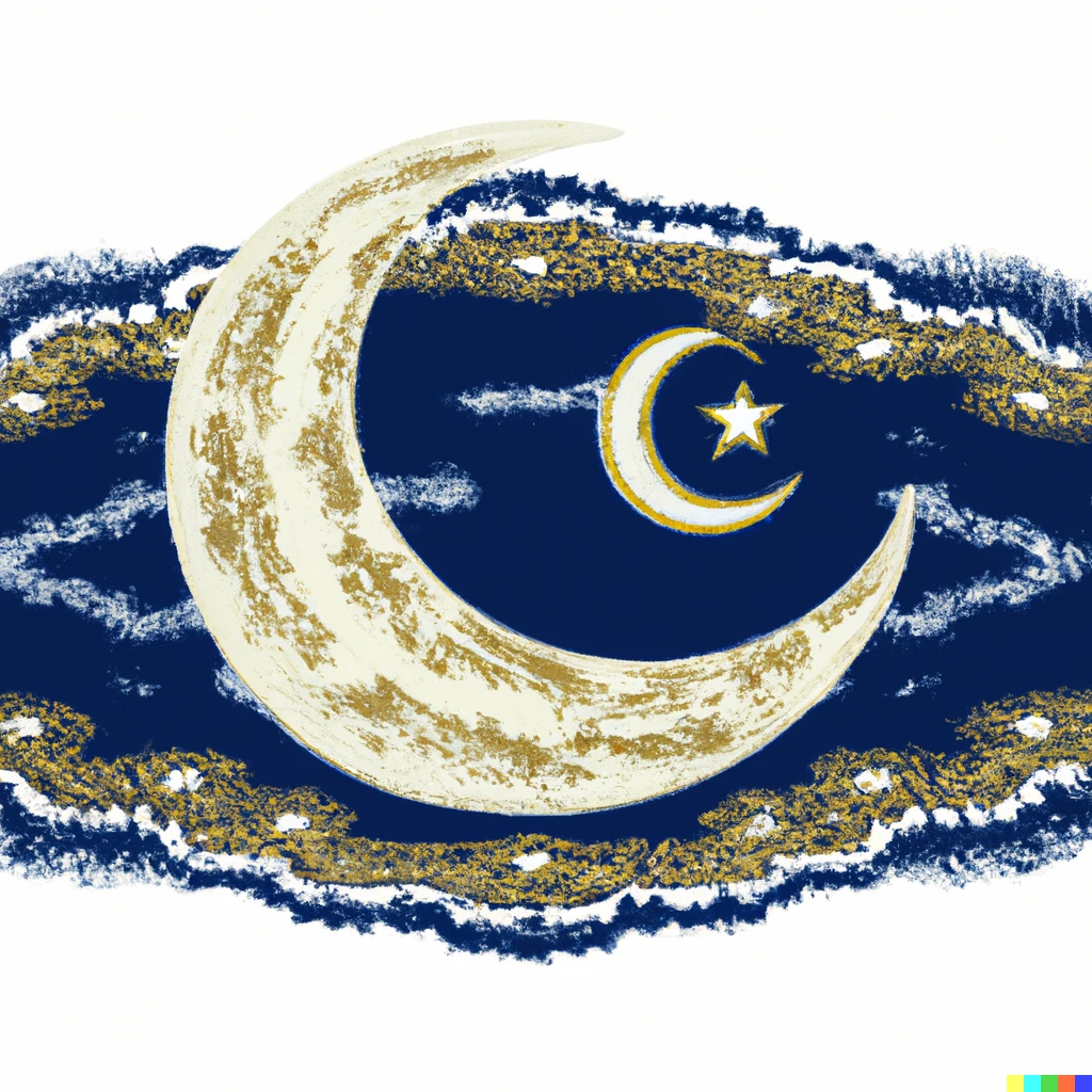 Prompt: عيد crescent moon with islamic patterned flying carpet