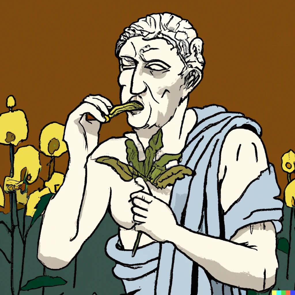 Prompt: Silphium was the Viagra of ancient Rome and here is Julius Caesar eating it
