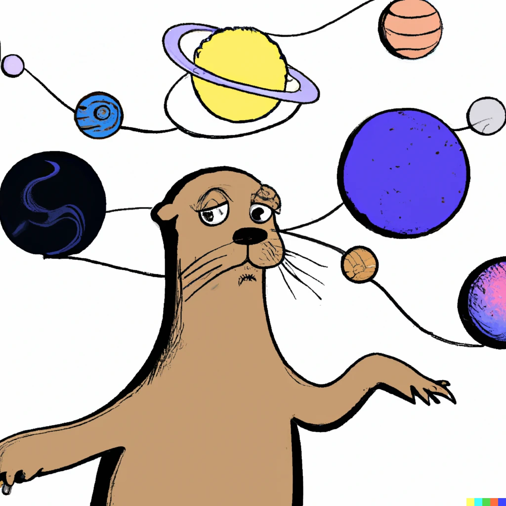 Prompt: a confused seal juggles the solar system