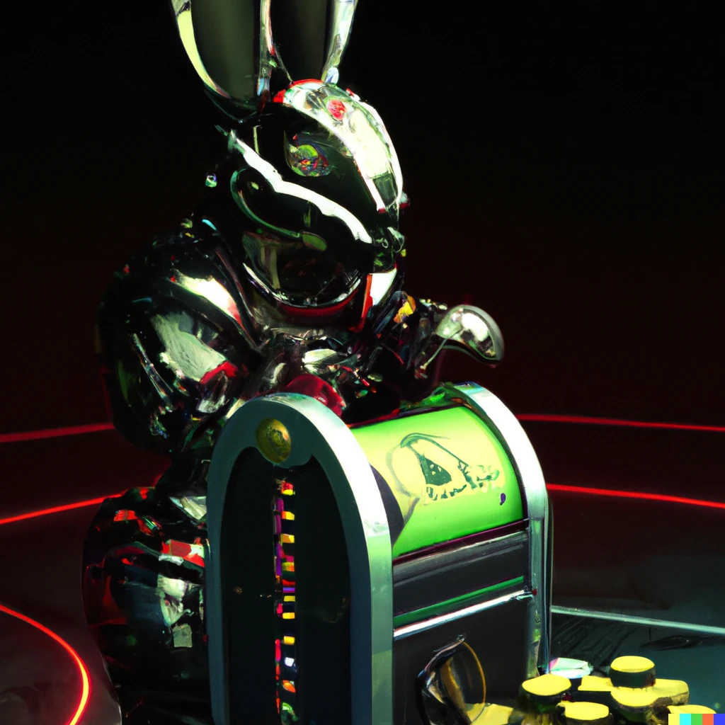 Prompt: Mecha robot bunny gambling octane render