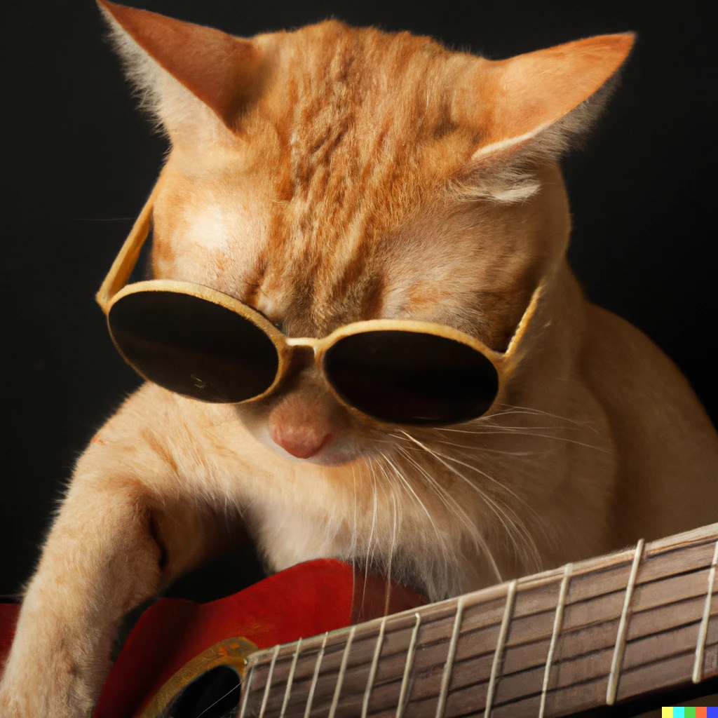 Prompt: Yellow tabby with sunglasses playing guitar