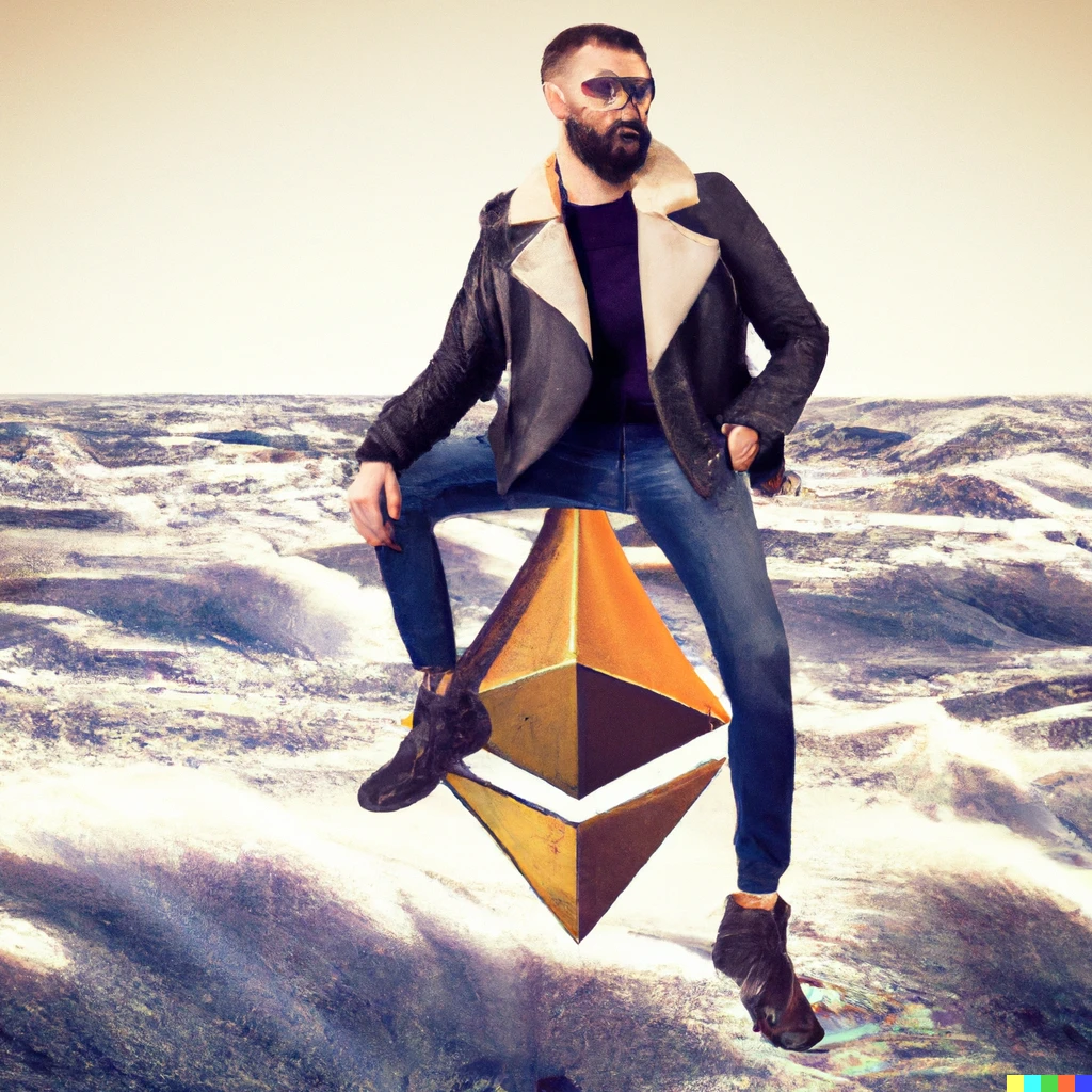 Prompt: Bearded man on a leather jacket surfing a giant ethereum logo over a sea of bitcoin, realistic