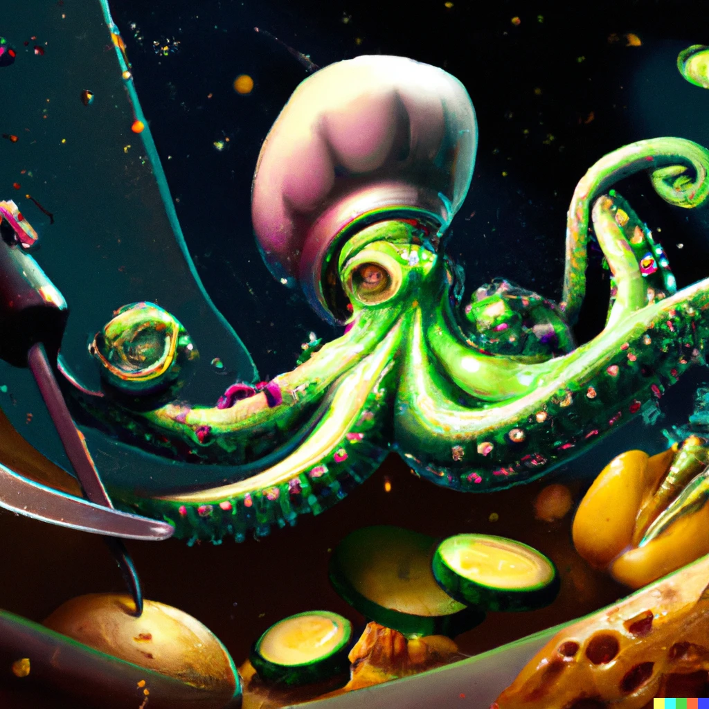 Prompt: A bright octopus chef slicing zucchini in outerspace in the style of lou zhongli, digital art