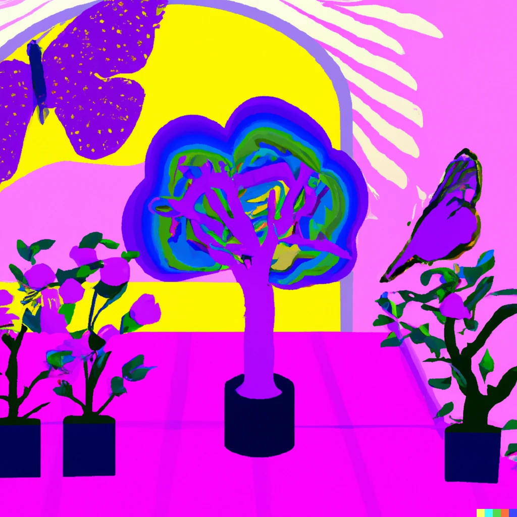 Prompt: flower, trees and gardening with butterflies and a bird in a purple room, vaporwave